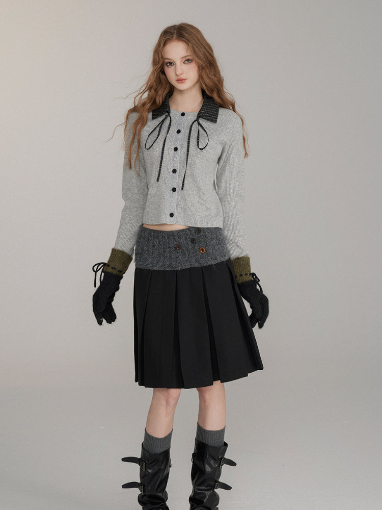 Two-Way Detachable Plaid Cropped Knit Sweater - CHINASQUAD