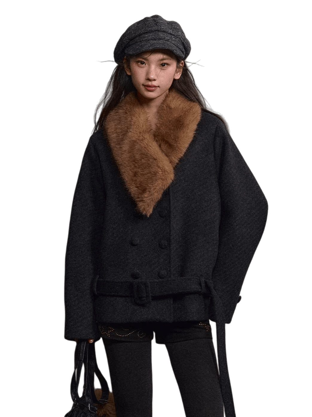 Fur-Collar Double-Breasted Wool Jacket