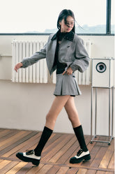 Silhouette Flight Jacket with Plaid Skirt Set - CHINASQUAD
