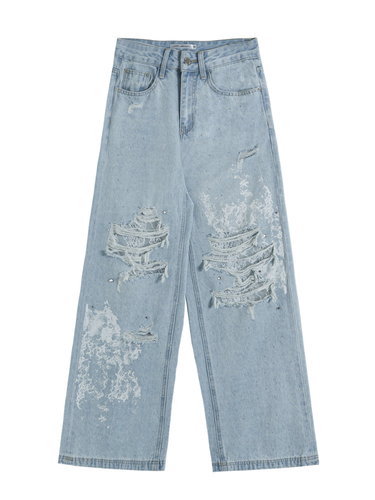 Lace-Trimmed Printed Rhinestone-Embellished Jeans - CHINASQUAD
