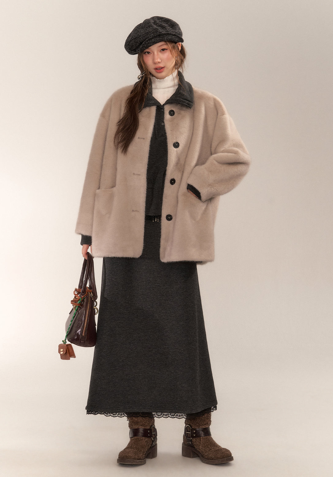 Gray & Apricot Faux Fur Coat - CHINASQUAD