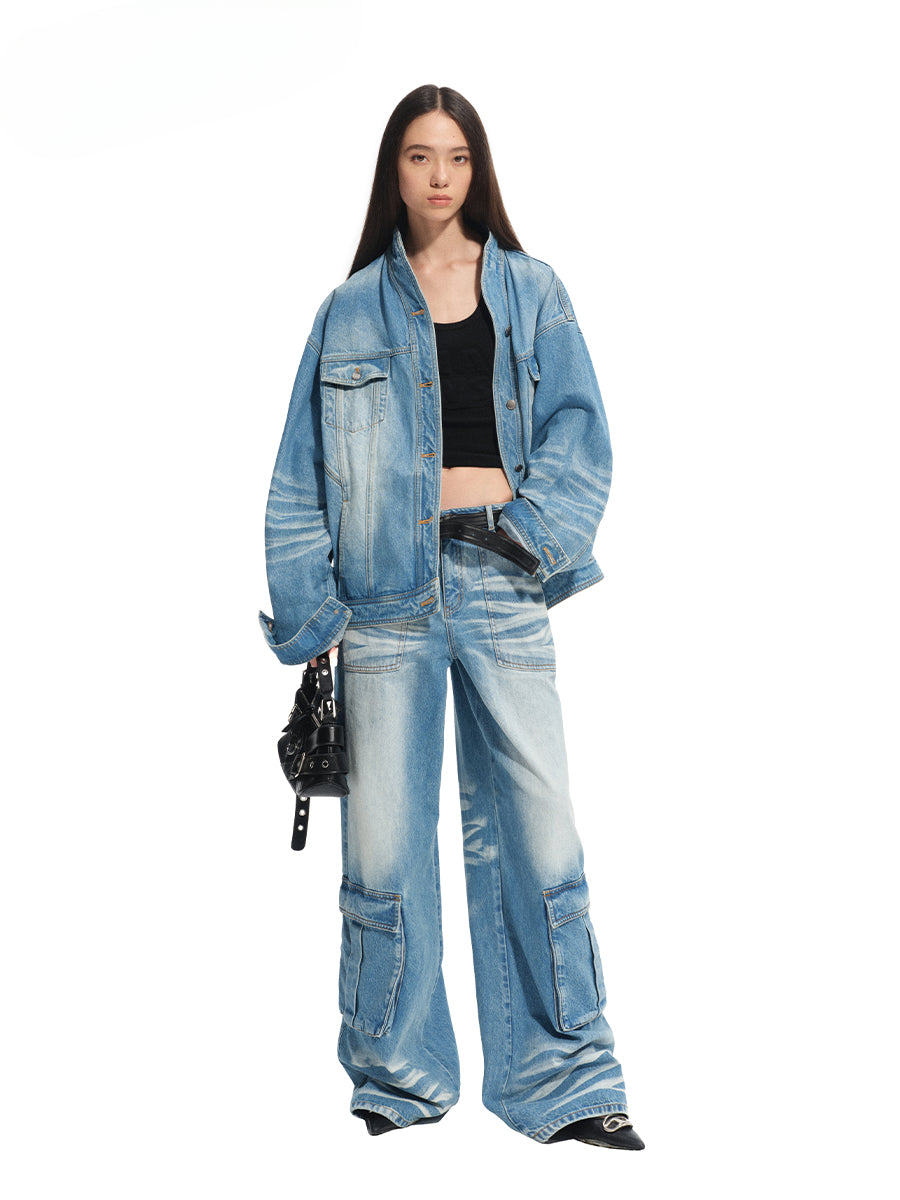 Washed Twill Denim Whisker Wide-leg Jeans - CHINASQUAD