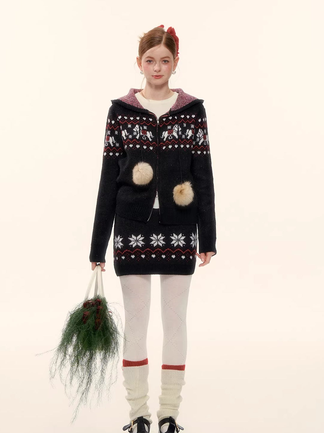 Hooded Knit Cardigan & Mini Skirt Two-Piece Set