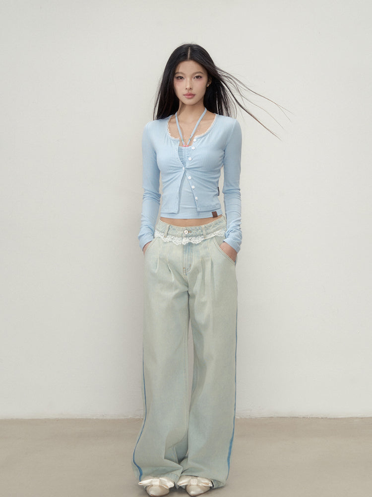 Lace-Panel Loose Straight Denim Jeans - CHINASQUAD