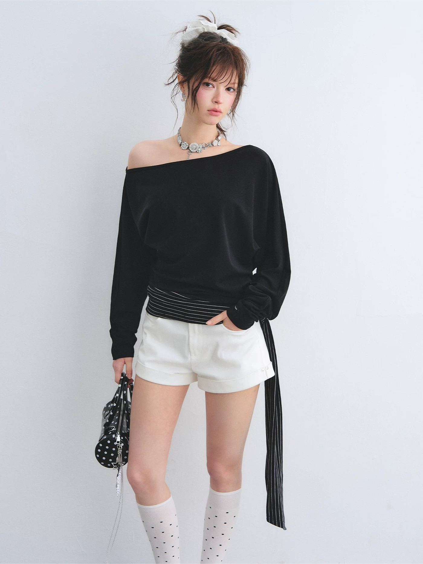 Asymmetric Batwing Sleeve Striped Tie-Hem Long Sleeve Top