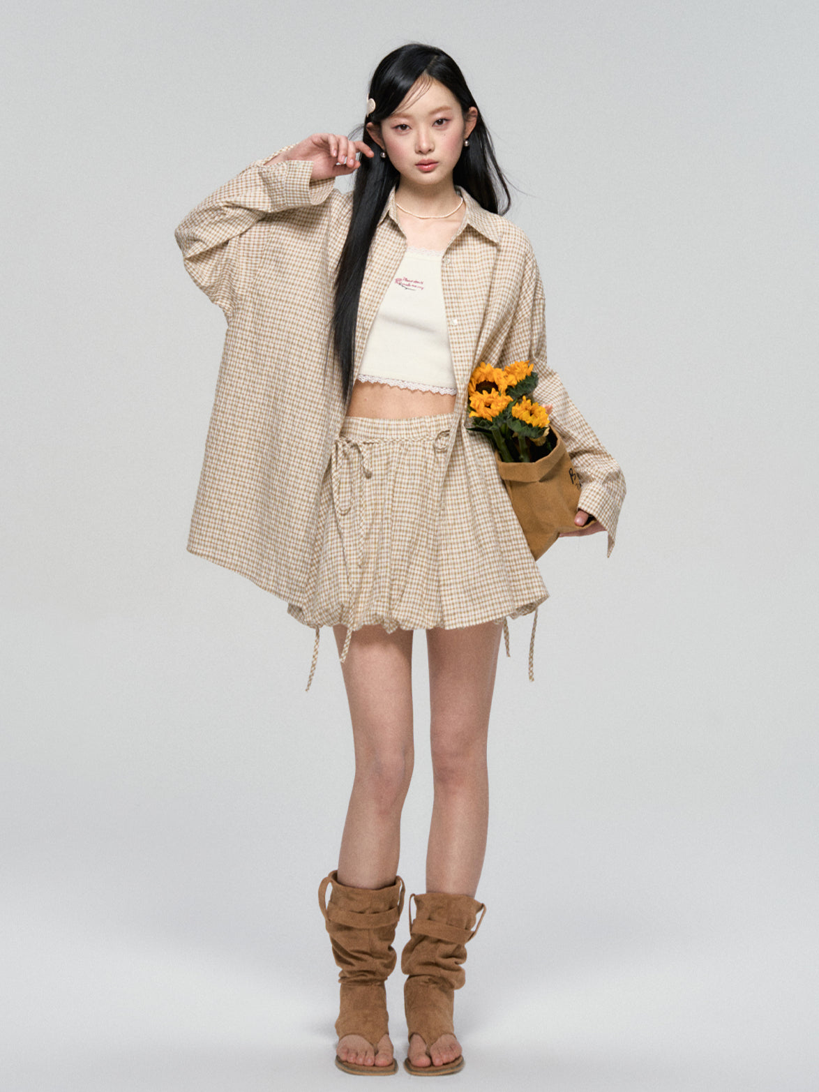 Khaki & Black Retro Check Shirt & Skirt Set - CHINASQUAD