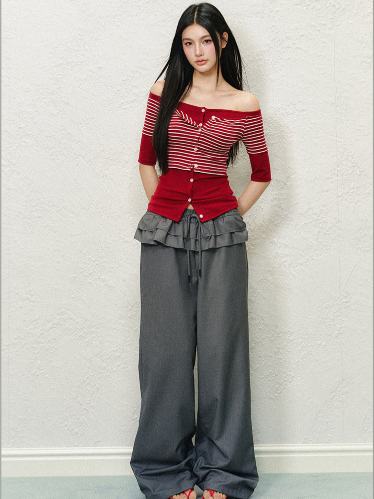 Off-Shoulder Fake Two-piece Color Block T-shirt - CHINASQUAD