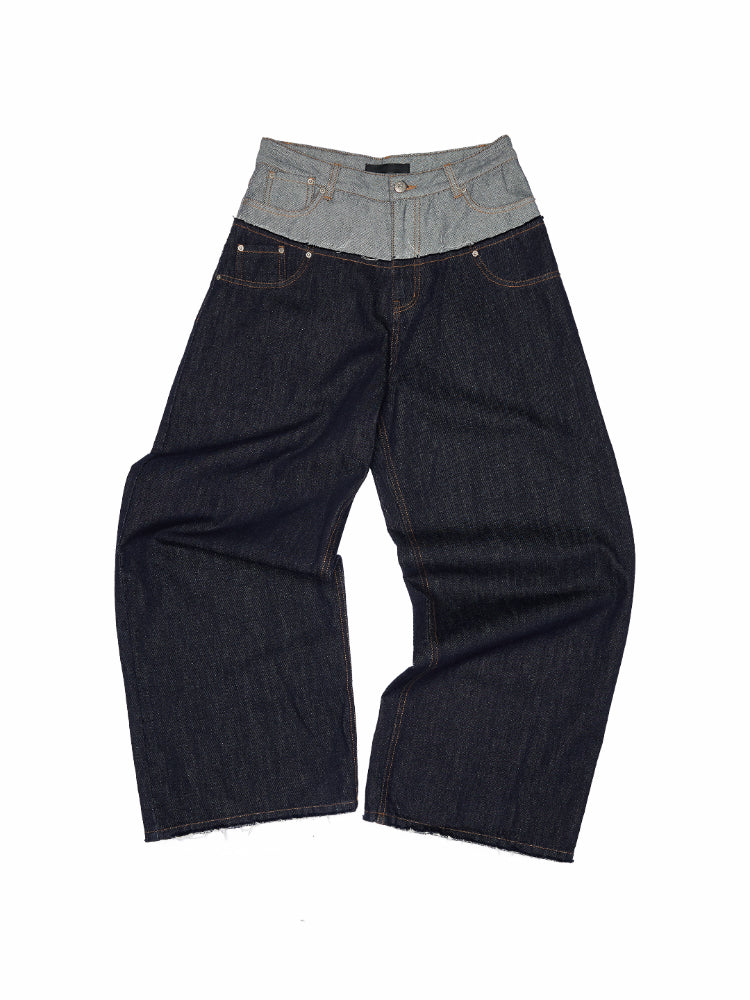 Double Waistband Raw Denim Wide-Leg Jeans - CHINASQUAD