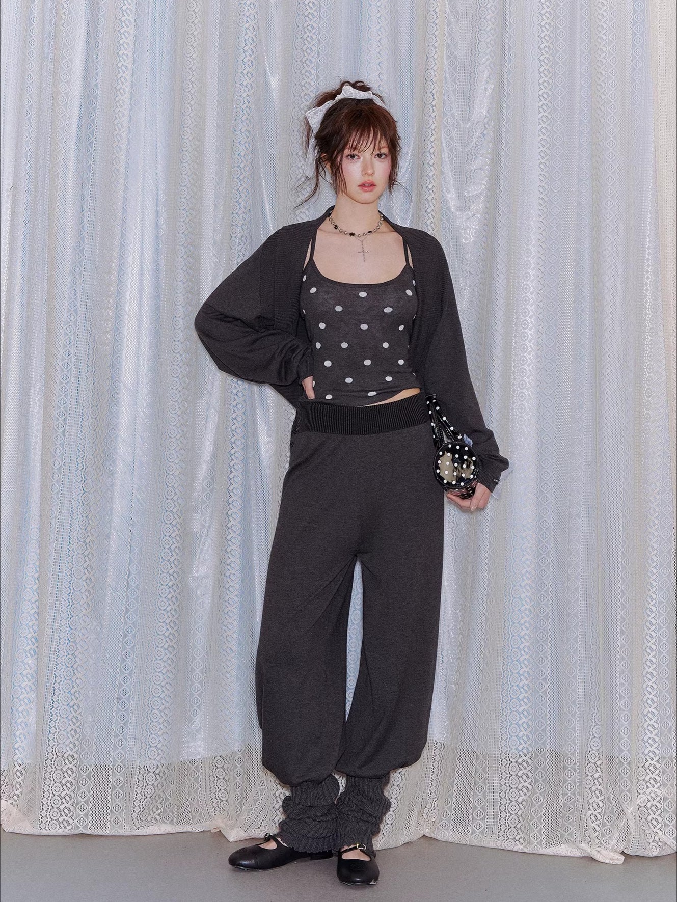 Contrast Polka Dot Cardigan & Cami Set