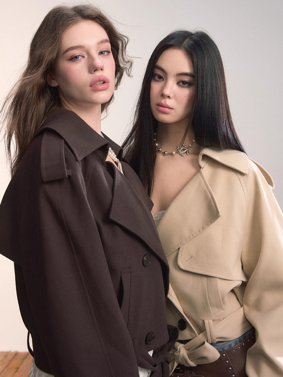 Lapel Collar Belted Cropped Trench Jacket - CHINASQUAD