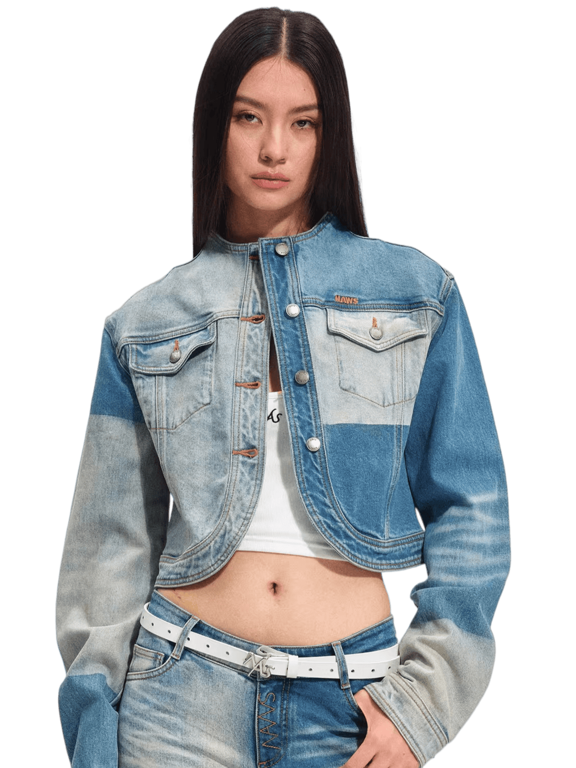 Equestrian Contrast Panel Washed Denim Jacket