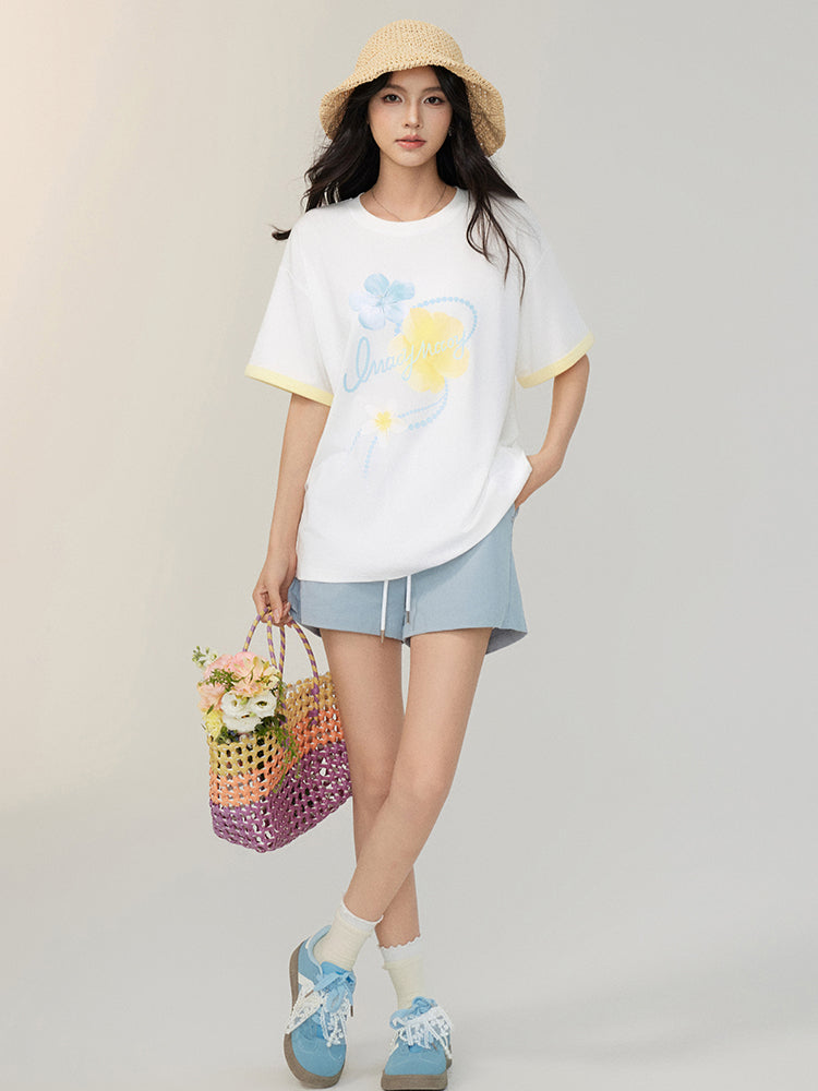 White Contrast-Color Cooling Floral T-shirt