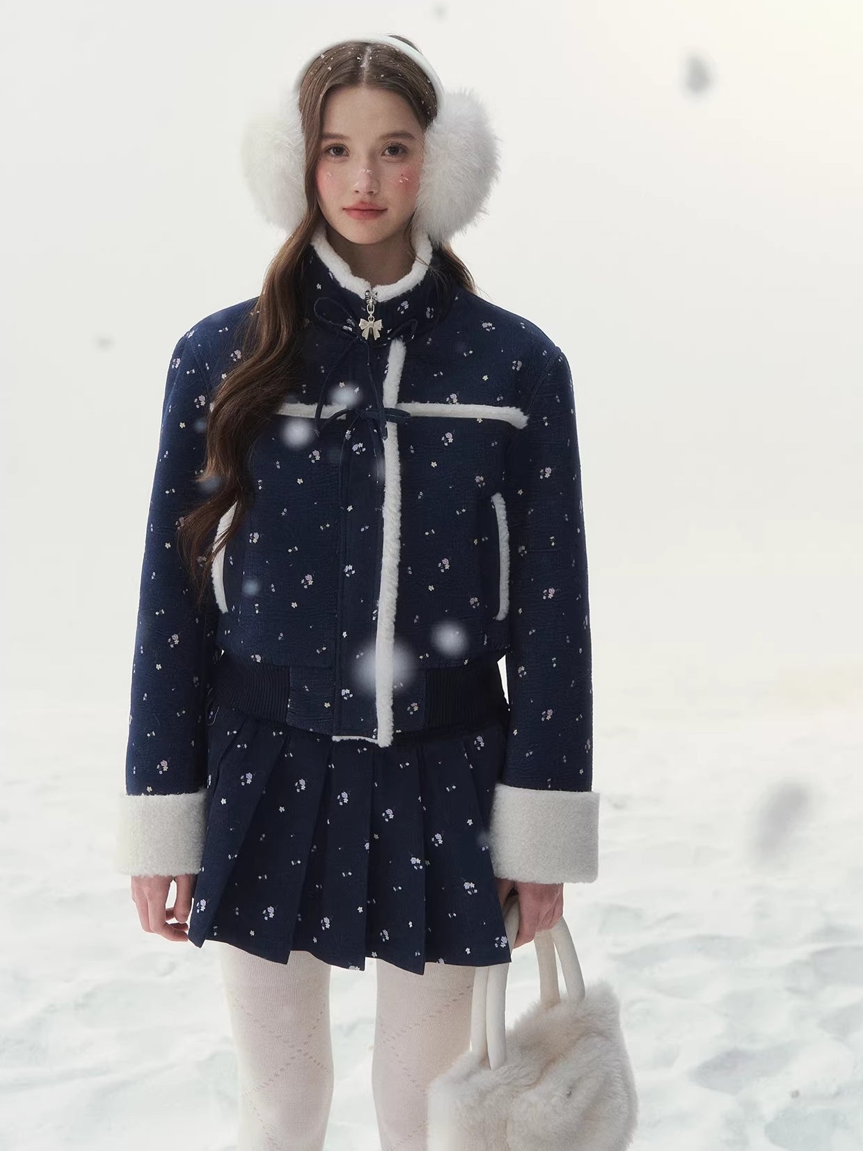 Shearling Patchwork Jacket Pleated Skirt Set