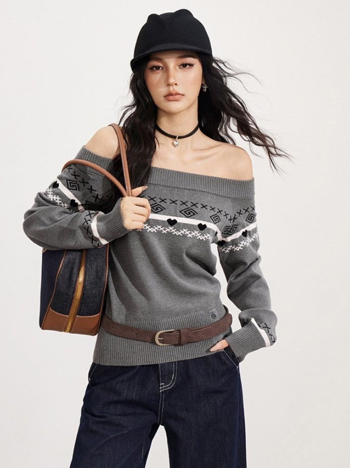 Fair Isle Off-Shoulder Knit Sweater