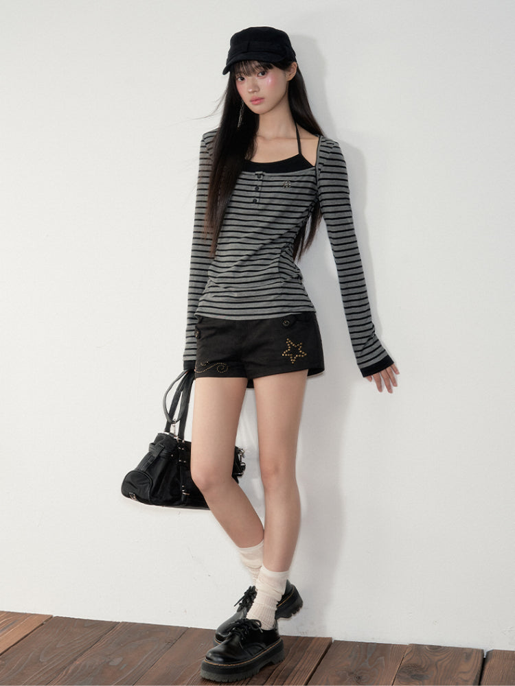 Suede Star Rivet Slim Shorts - CHINASQUAD