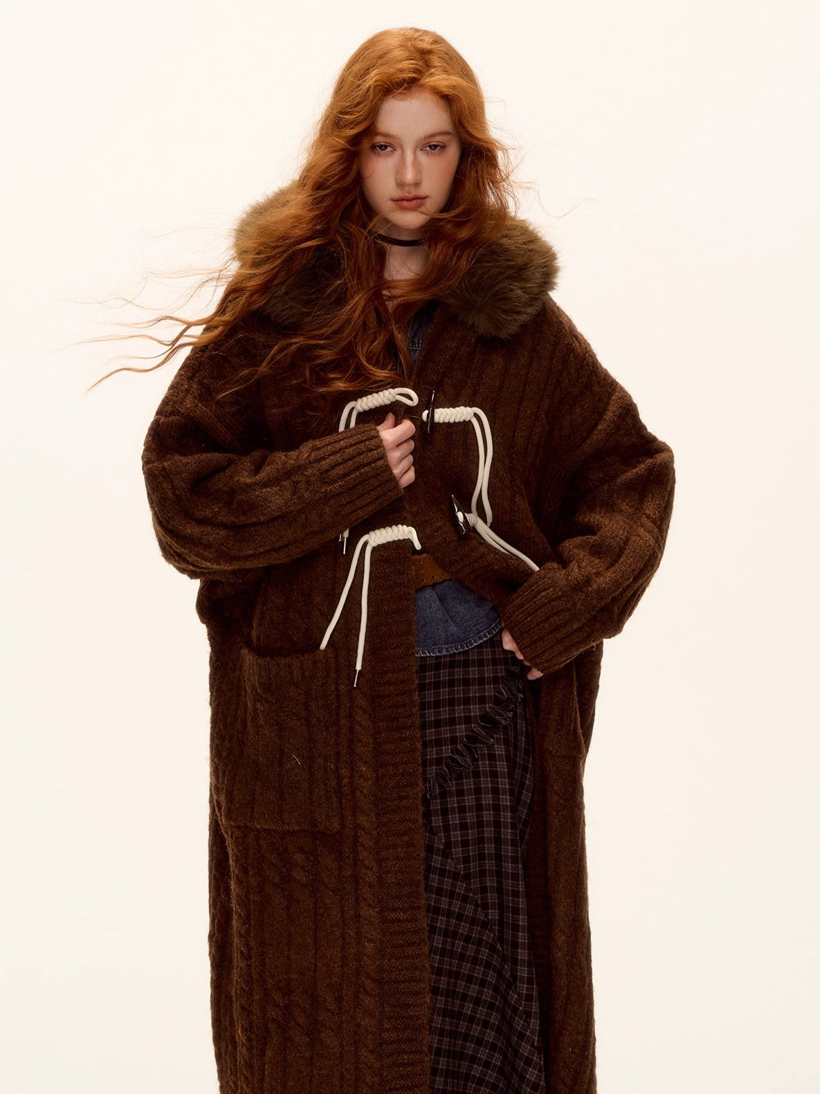 Detachable Fur Collar Cable-Knit Duffle Coat