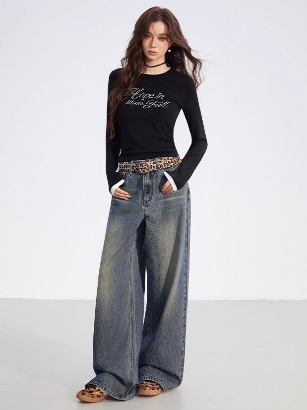 Leather-Patch Wide-Leg Cotton Jeans - CHINASQUAD