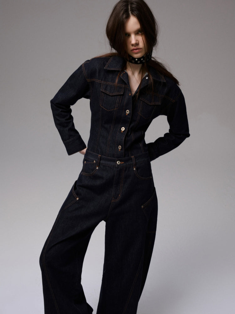 Raw Denim Wide-Shoulder Waist-Cinching Jacket Set - CHINASQUAD