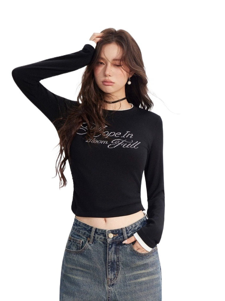 Dual-Layer Letter Embellished Slim-Fit T-Shirt