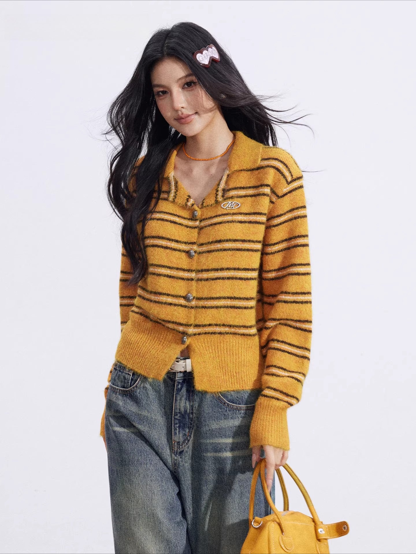 Pumpkin Stripe Polo Knit cardigan