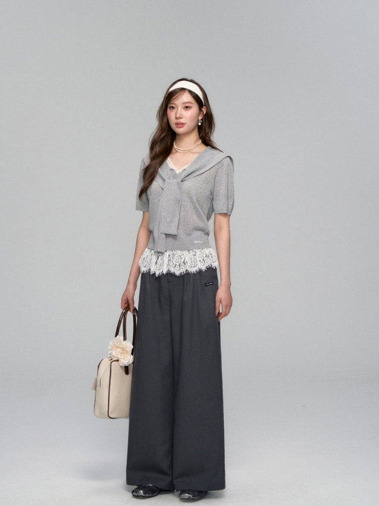 Lace Spliced V-Neck Knitted T-Shirt - CHINASQUAD