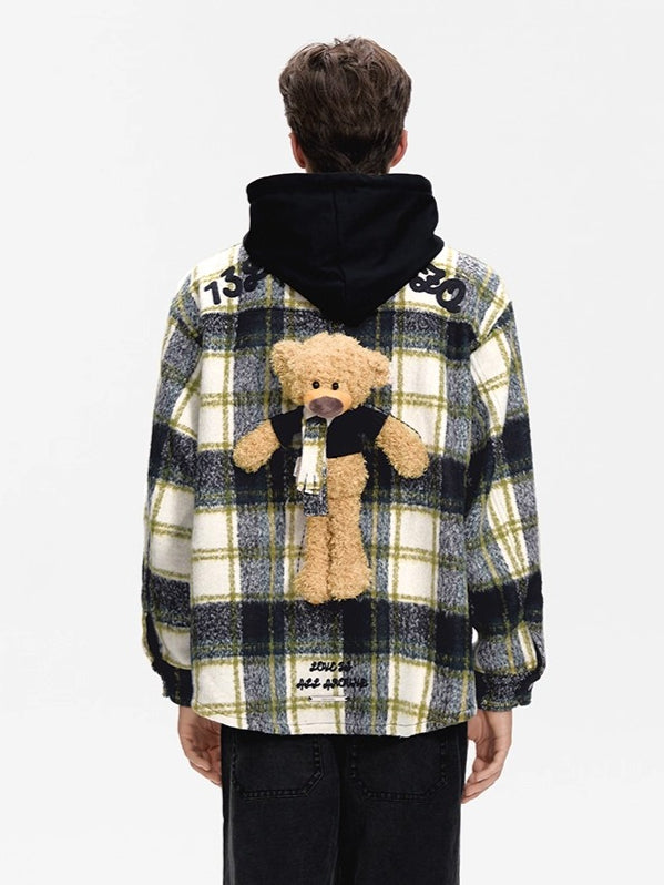 Plaid Patchwork Teddy Zip Overshirt Jacket