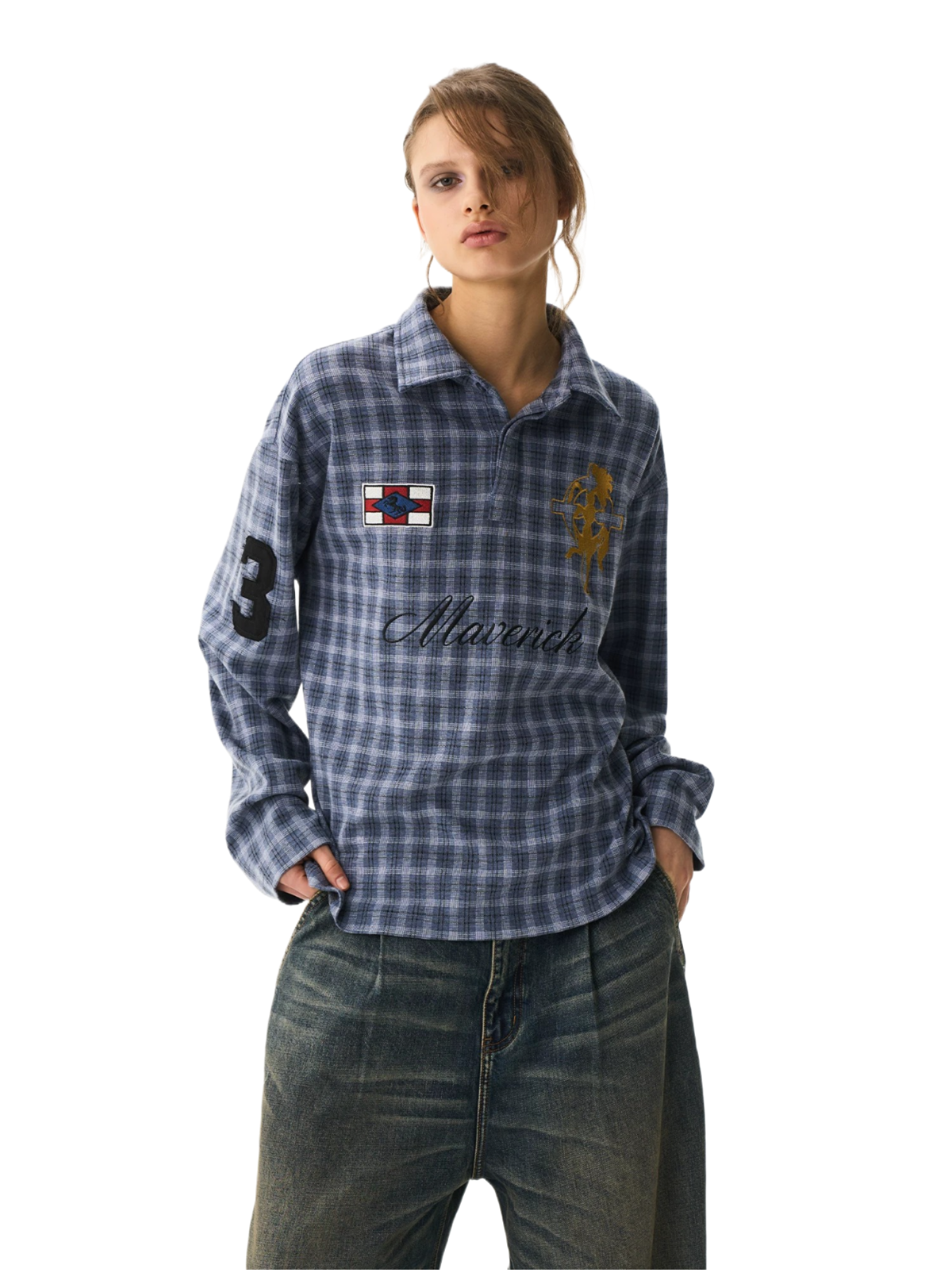 Vintage Plaid Badge Long Sleeve Polo Tee