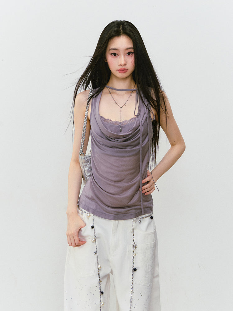 Fake Two-piece Spliced Lace Swing-neck Tank Top - CHINASQUAD