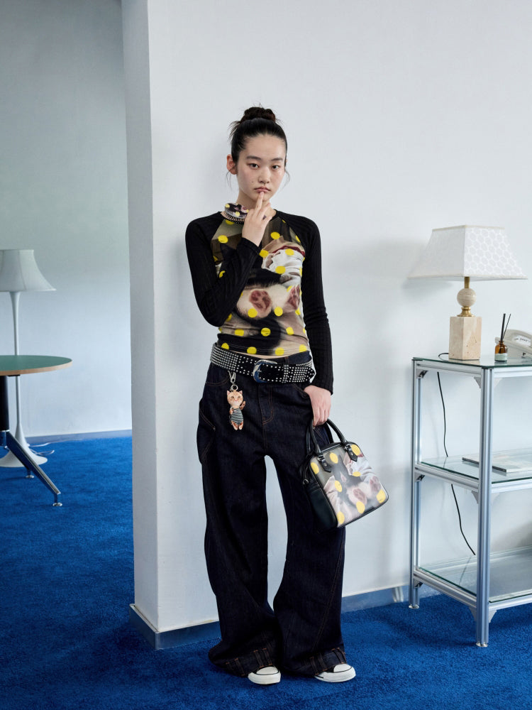 Cat Print Raglan Sleeve Color-Blocking T-Shirt - CHINASQUAD