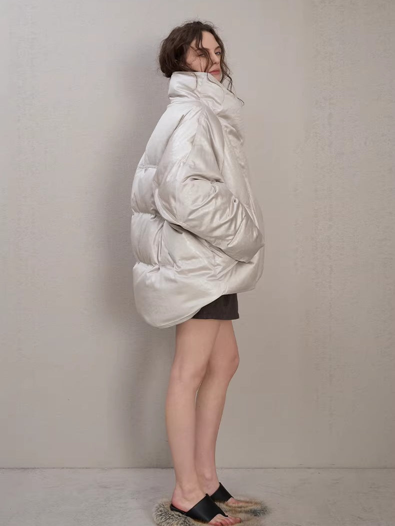 Oversized Leather-Texture Down Jacket