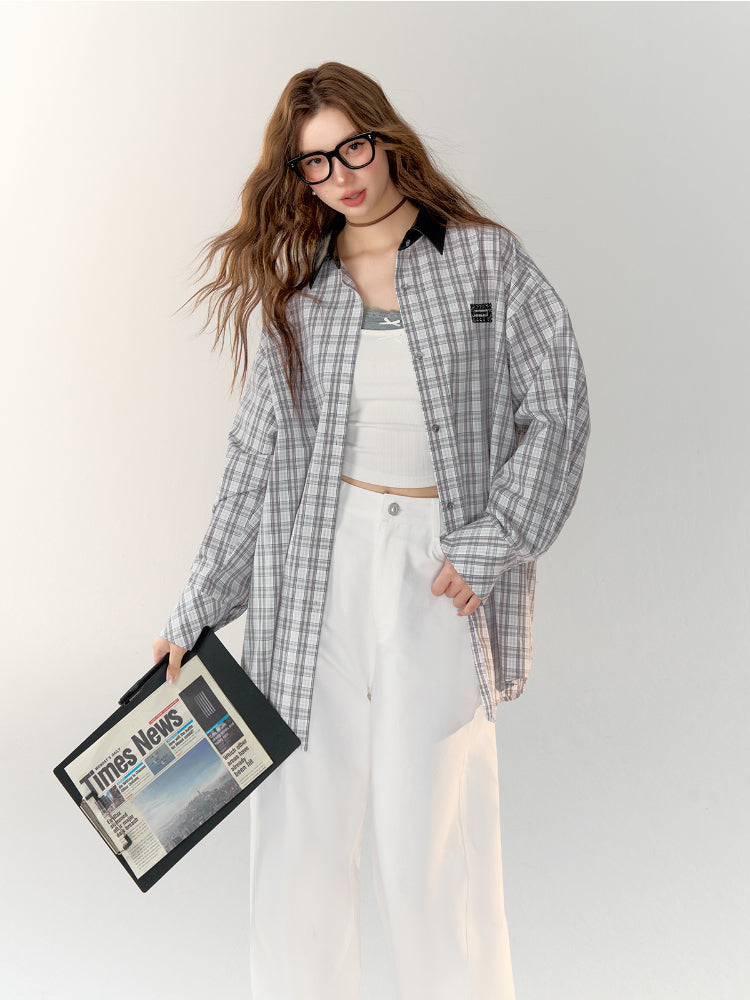 Leather Collar Embroidered Lace Plaid Shirt - CHINASQUAD