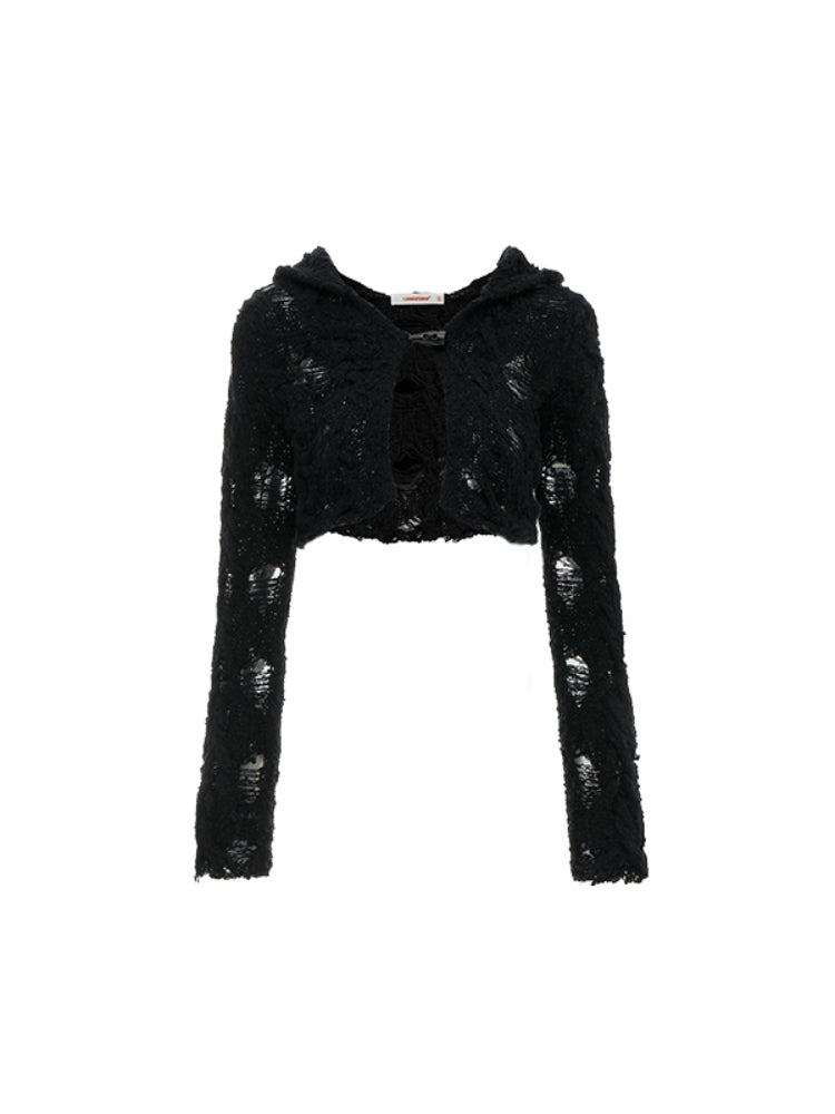 Black & White Hollow Out Knit Hoodie - CHINASQUAD