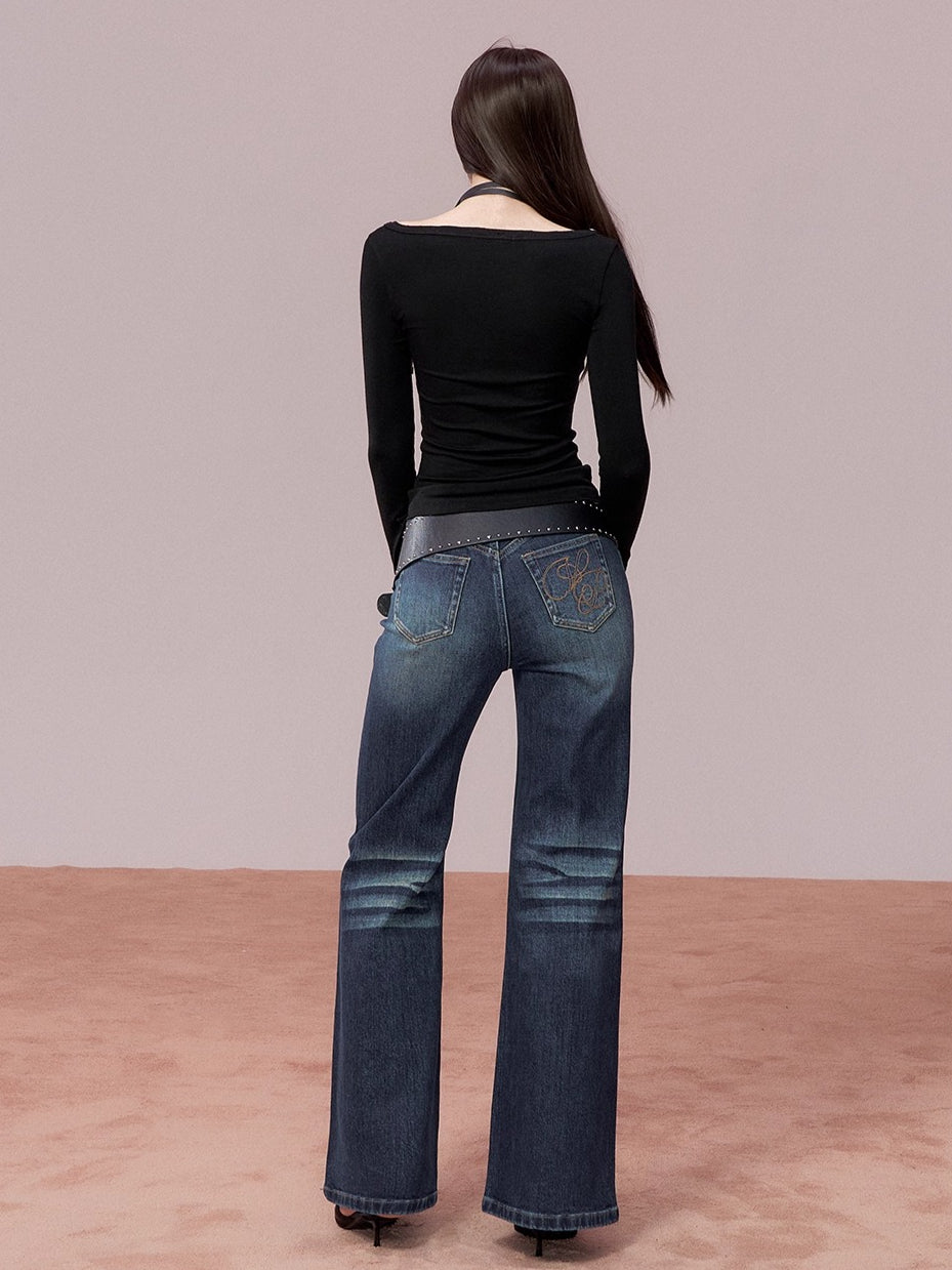 Straight-Leg Washed Denim Pants