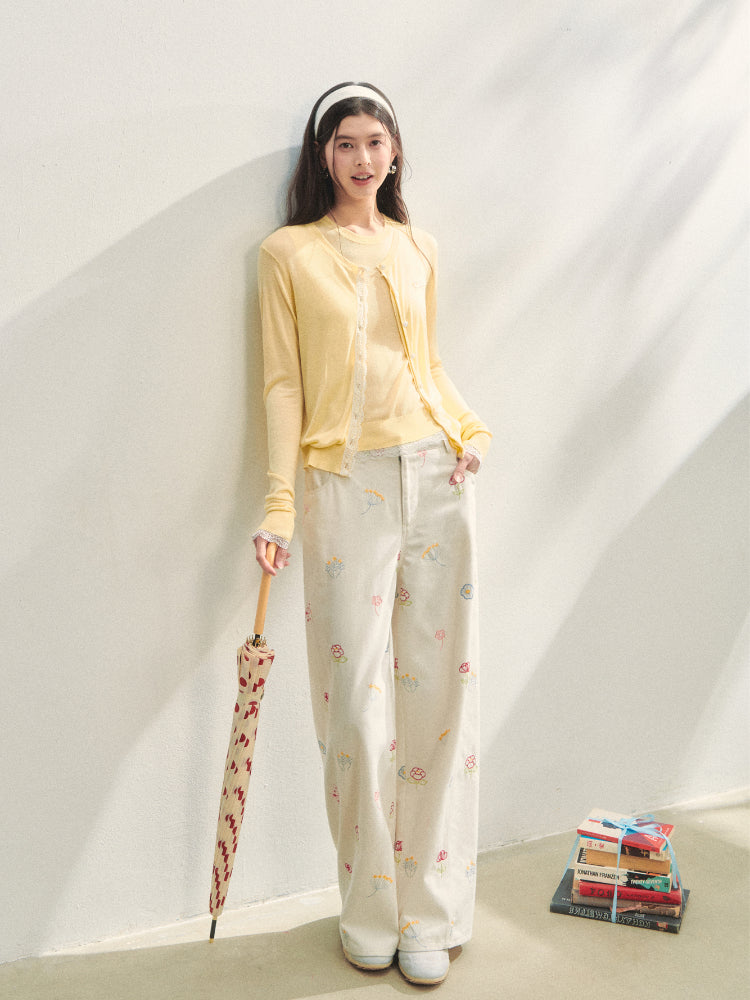 Lace Trimmed Crew Neck Knitted Cardigan Set - CHINASQUAD