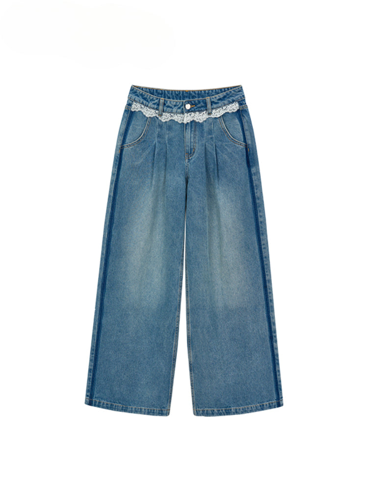 Lace-Panel Loose Straight Denim Jeans - CHINASQUAD