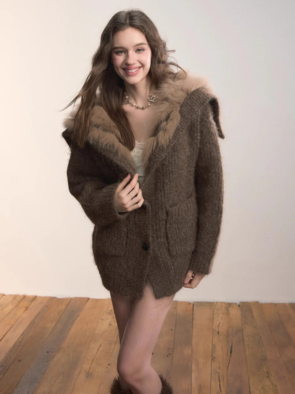 Fox Fur Collar Plush Knit Cardigan
