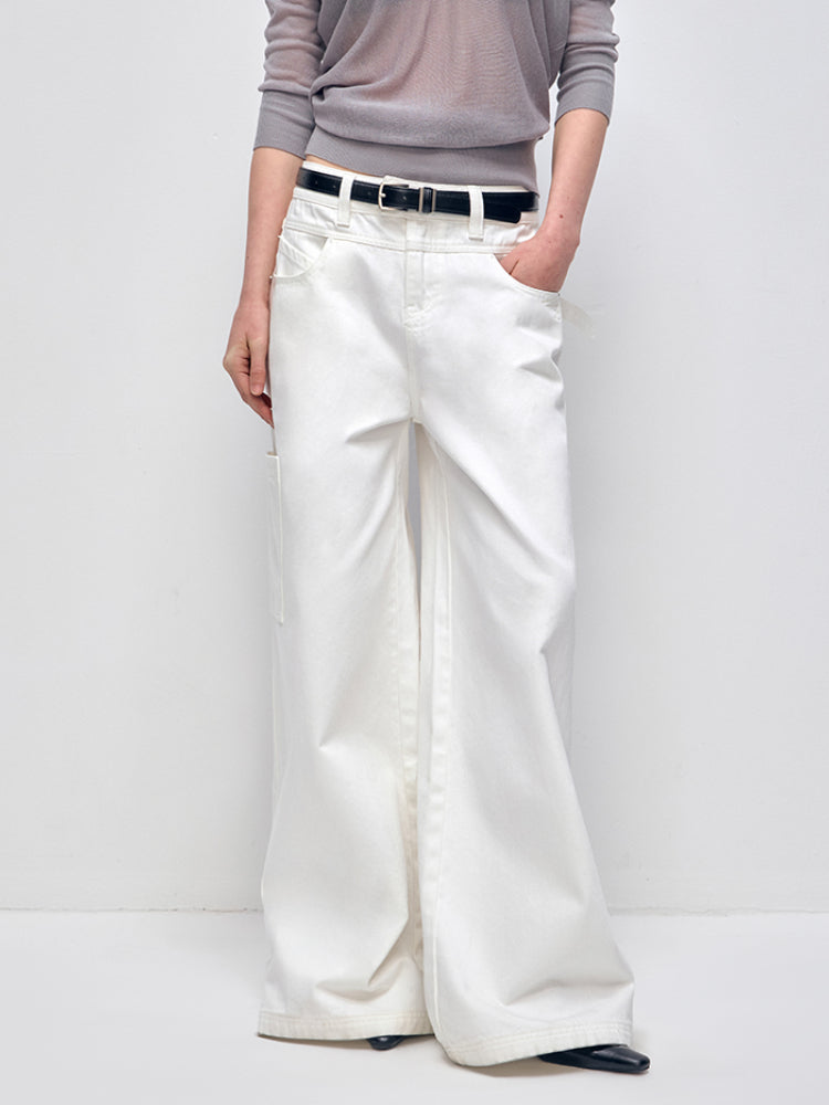White Cotton Low Waist Wide Leg Jeans - CHINASQUAD