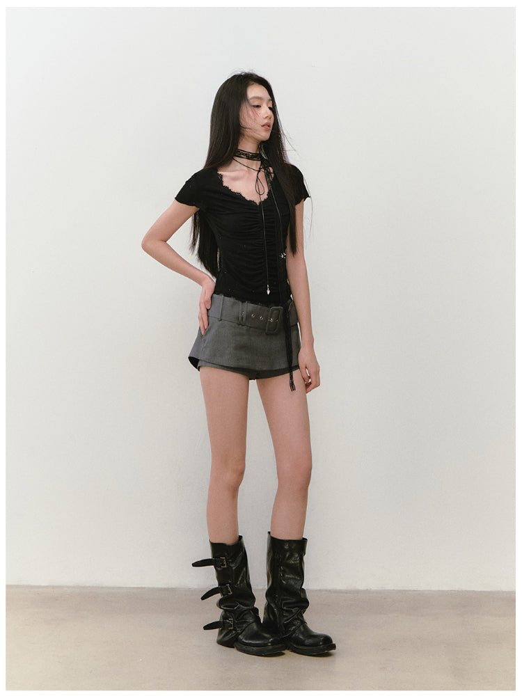 Acetate Lace Backless Beaded Short-sleeve T-shirt