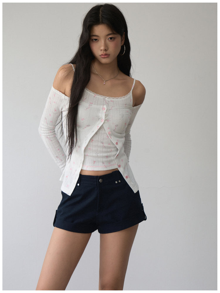 Printed Hollow-out Lace Trim One-Shoulder Top Set - CHINASQUAD