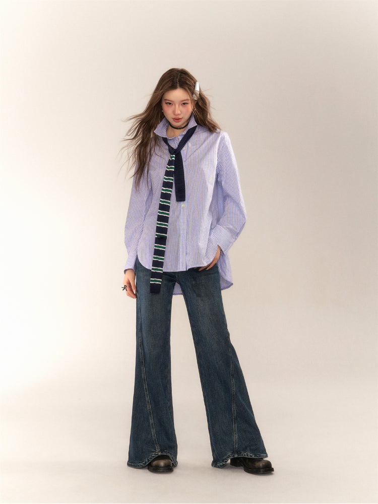 Vintage College Style Blue Plaid Shirt - CHINASQUAD