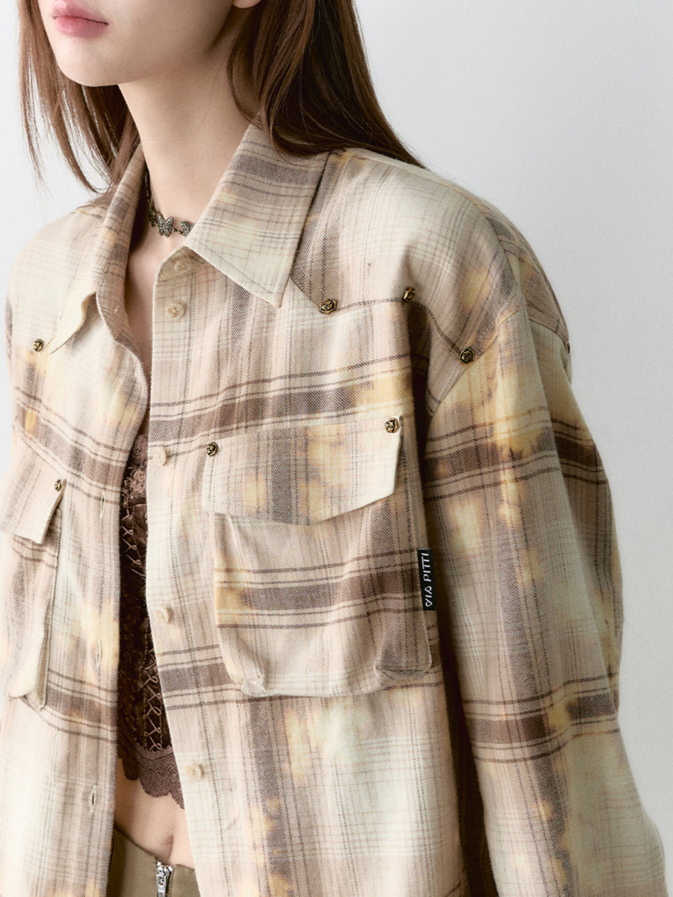Washed Vintage Rose Beaded Shirt Jacket - CHINASQUAD
