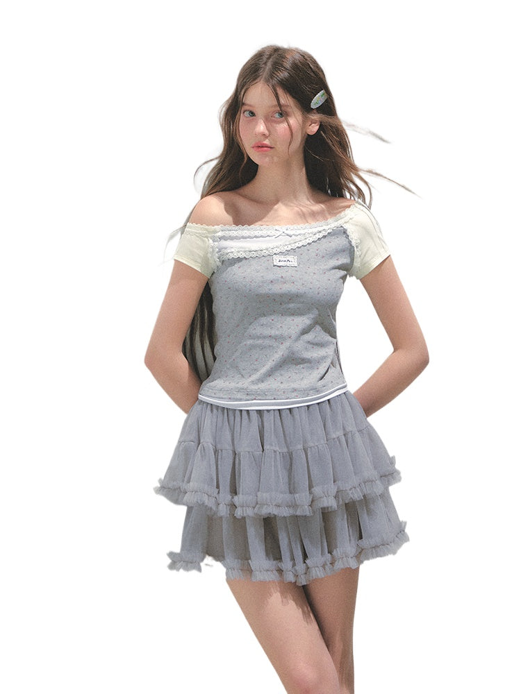Off-shoulder Fake Three-piece Asymmetric Shoulder T - shirt - CHINASQUAD