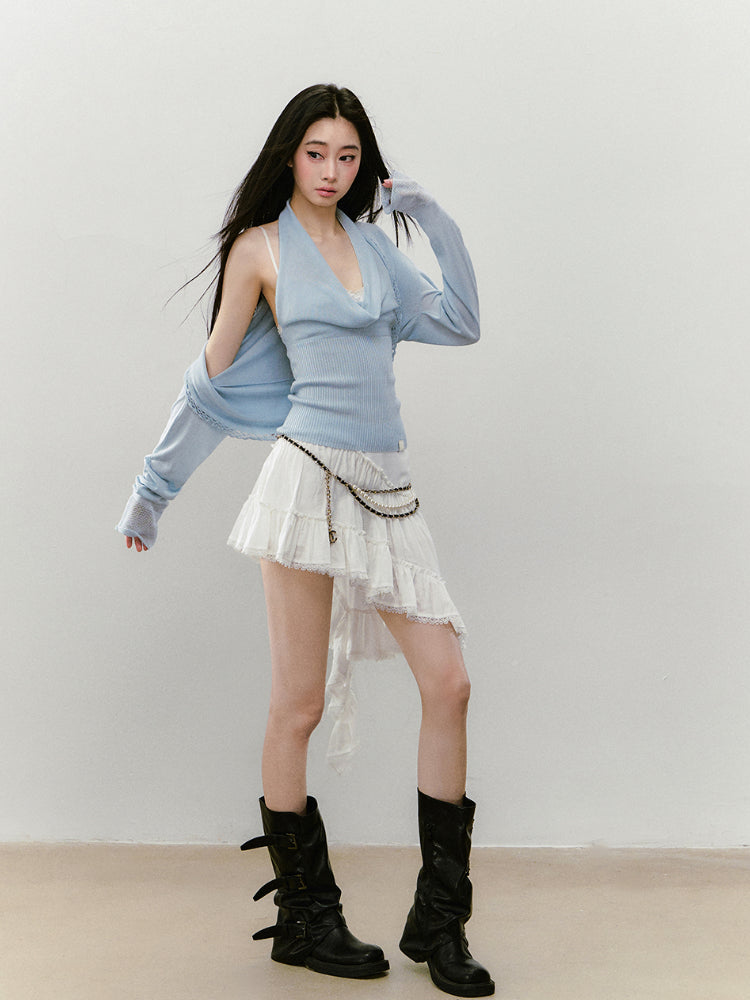 Irregular Hem Ribbon Lace Midi Skirt - CHINASQUAD