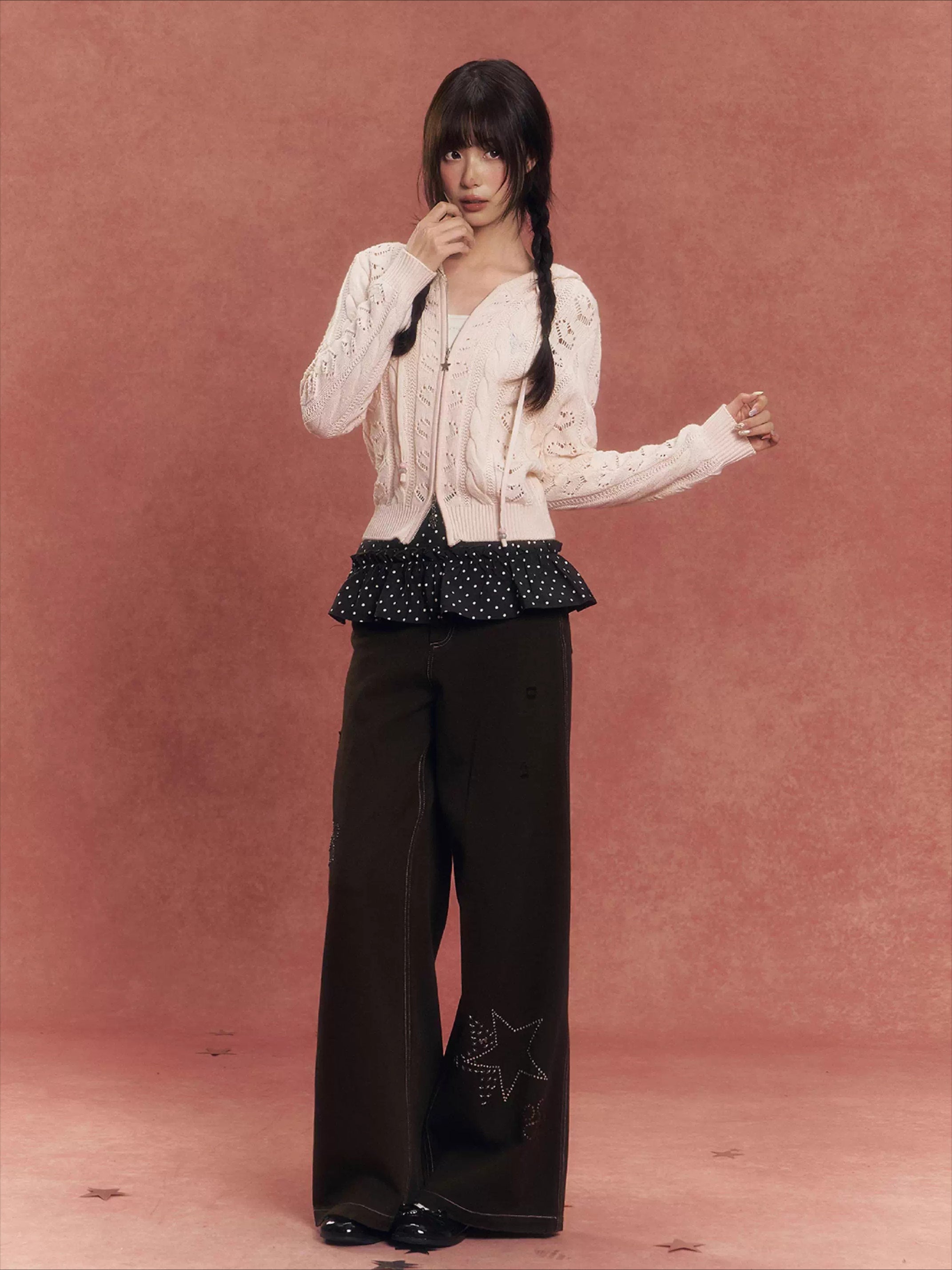 Heart Cutout Cable-Knit Hooded Cardigan