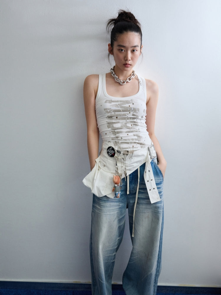 Light Blue Mud-Dyed Badge Wide-Leg Jeans - CHINASQUAD