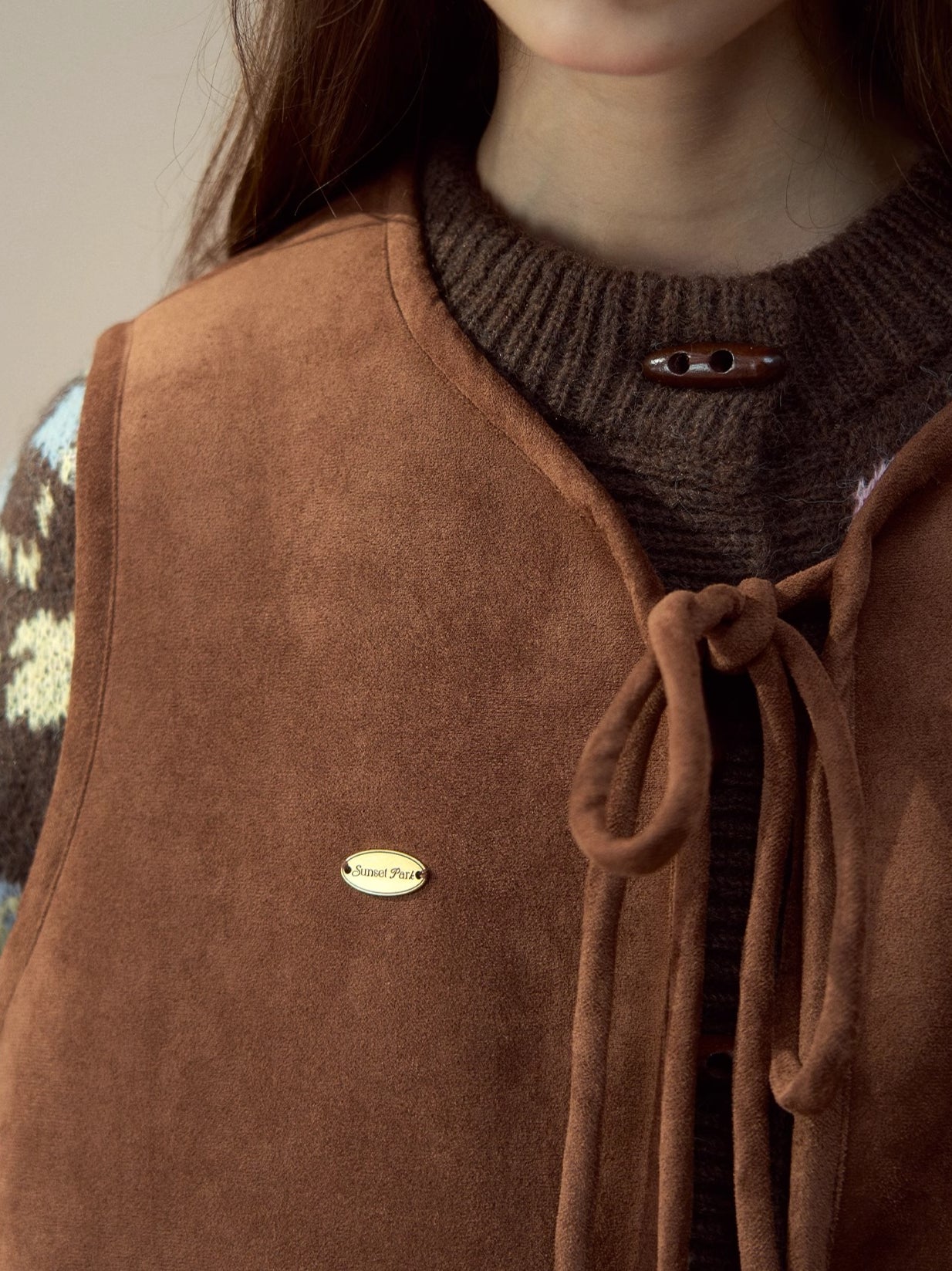 Mocha Fair Isle Reversible Tie-Front Shearling Vest - CHINASQUAD