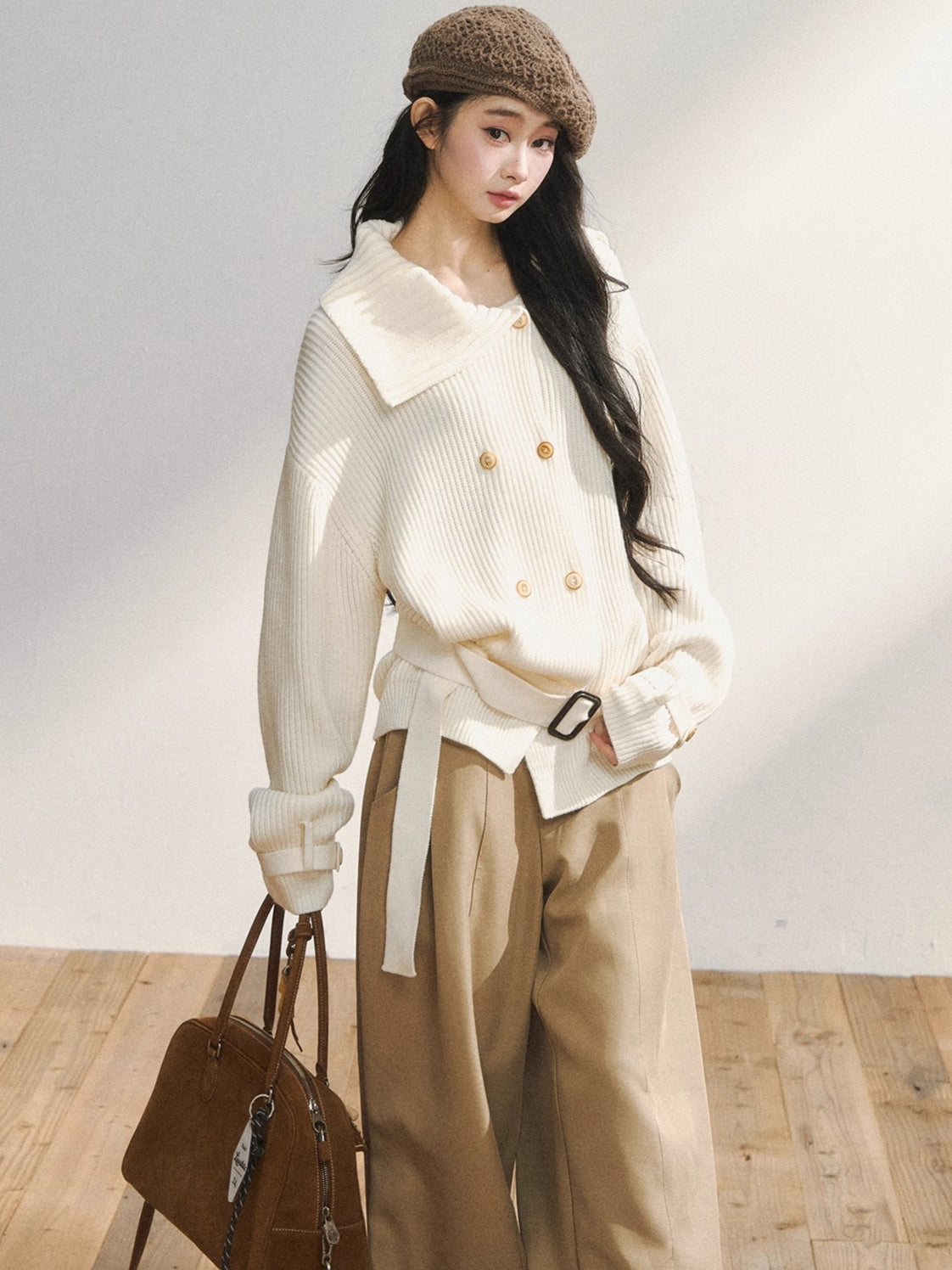 Double-Breasted Belted Knit Cardigan