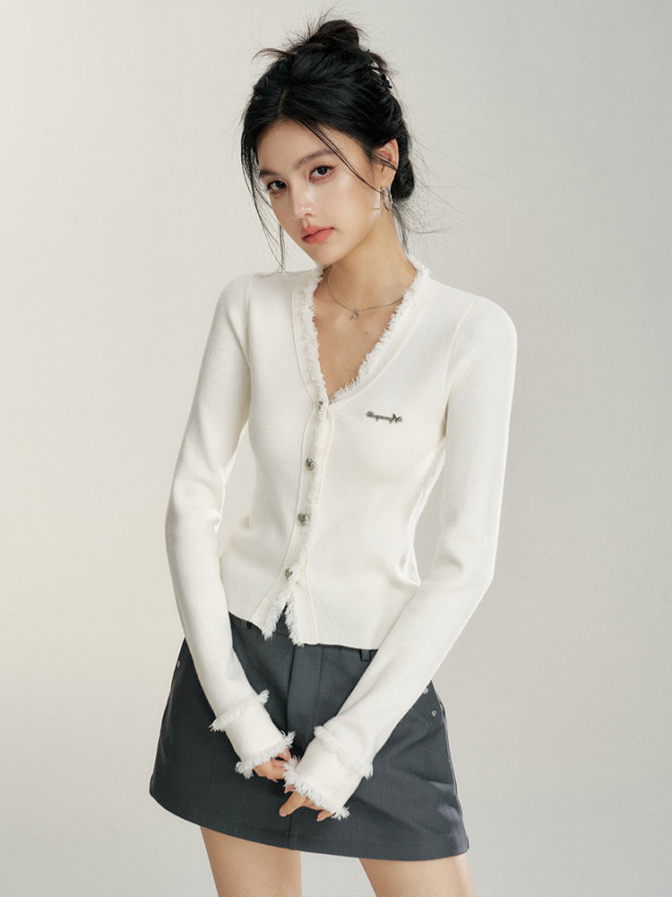 V-neck Frayed Knit Top - CHINASQUAD