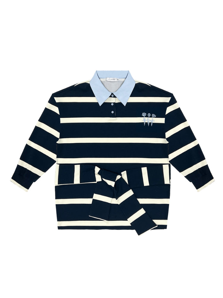 Color-block Rose Embroidery Striped Polo Dress - CHINASQUAD