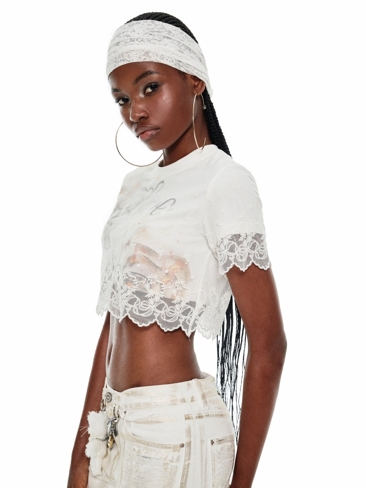 White Lace Faux Two-piece Layered T-shirt - CHINASQUAD